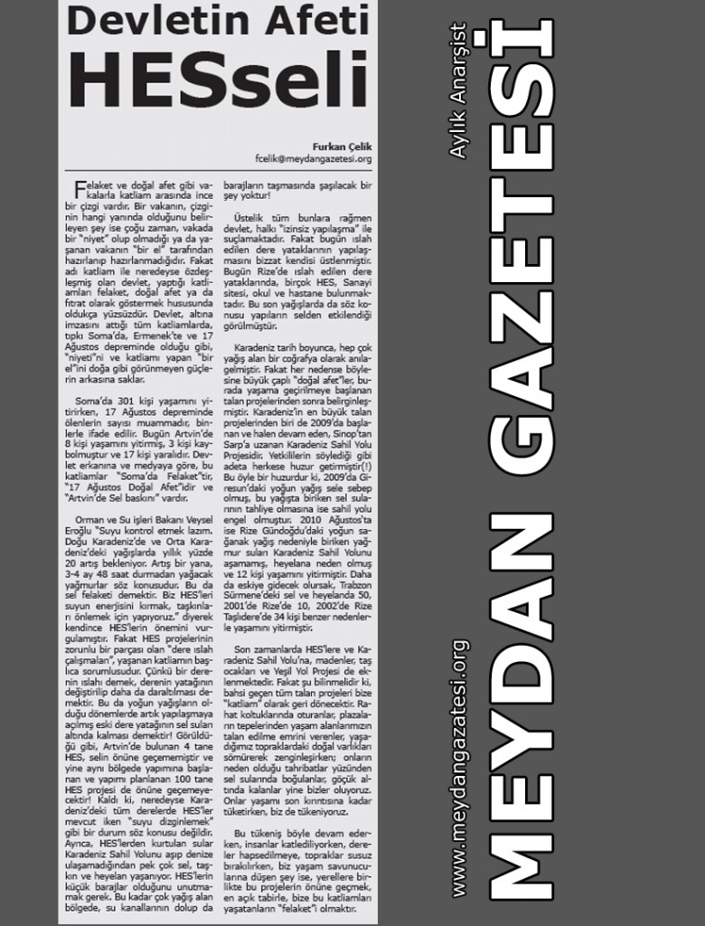 Meydan Gazetesi- Devletin Afeti HESSeli- Furkan Çelik