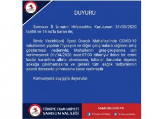 Samsun’da Bulunan Bir Mahalleye Karantina